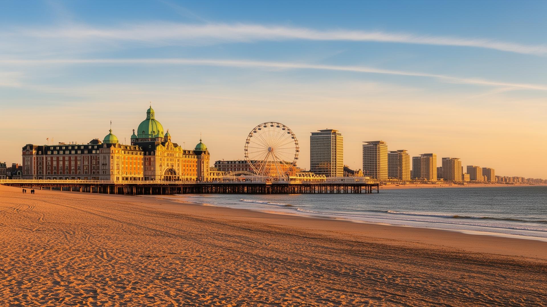 Skyline van Scheveningen met de pier, het Kurhaus en de boulevard bij gouden uur